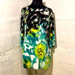 Multi Colored Tunic-Style Blouse w Bell Sleeves